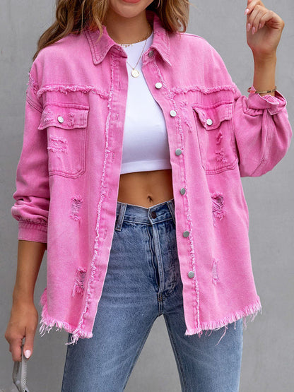 Oversized overhemdjack dames met rafelranden en borstzakken - fuchsia
