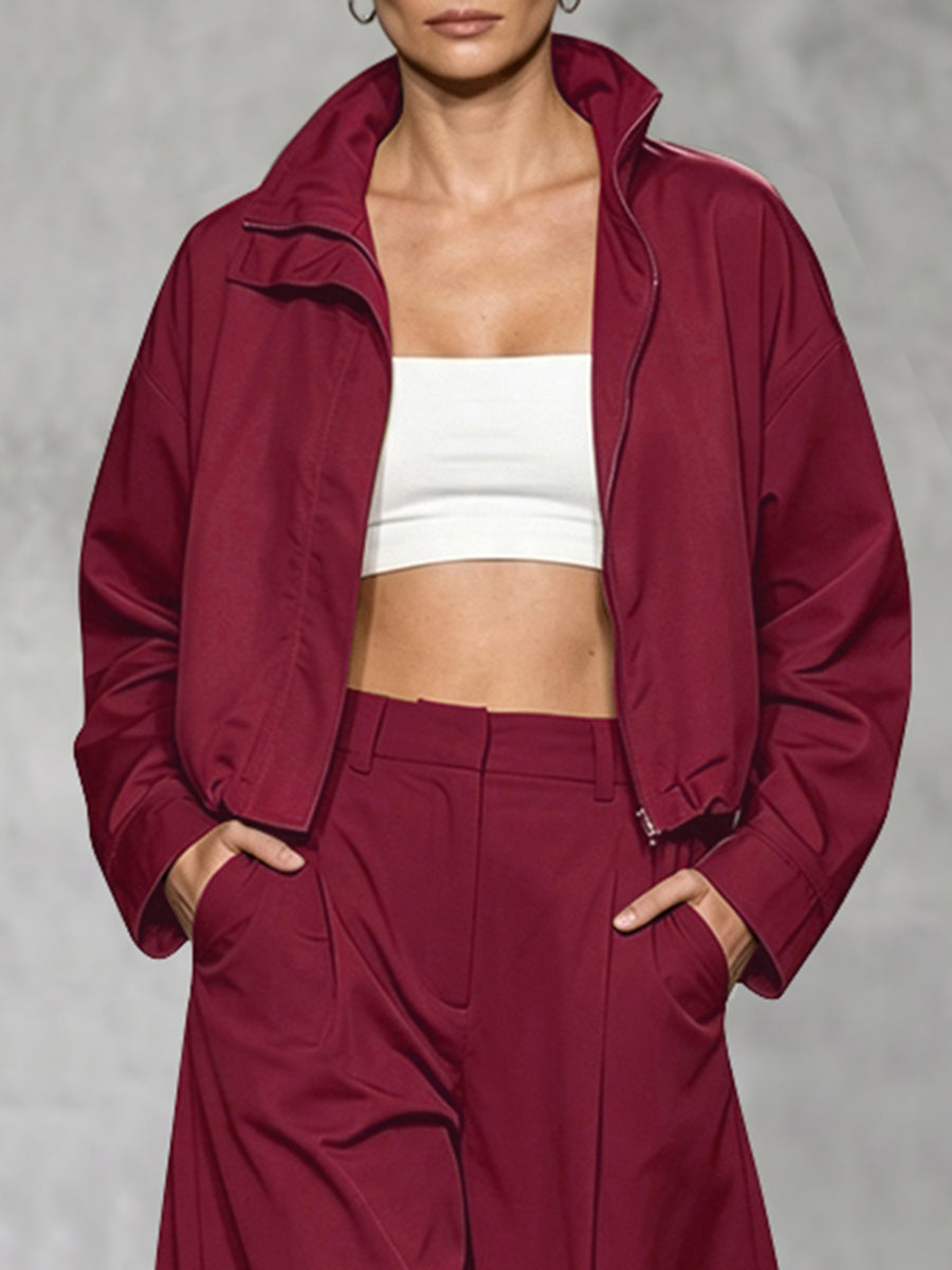 Cropped jack dames met rits, opstaande kraag en wijde mouwen - bordeaux