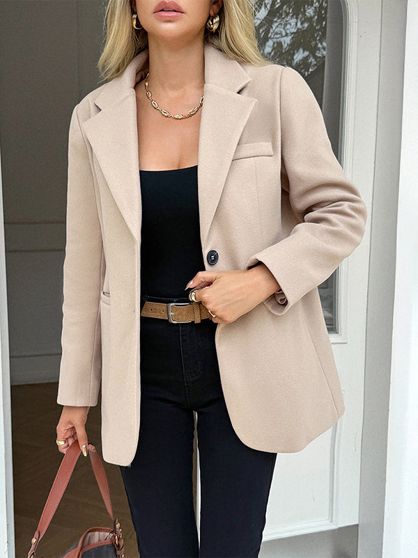Damesblazer in wollook met revers en twee kleppenzakken - kaki