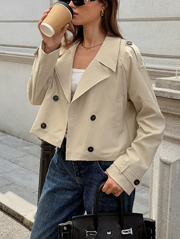 Cropped trenchjack dames met brede revers en twee rijen knopen
