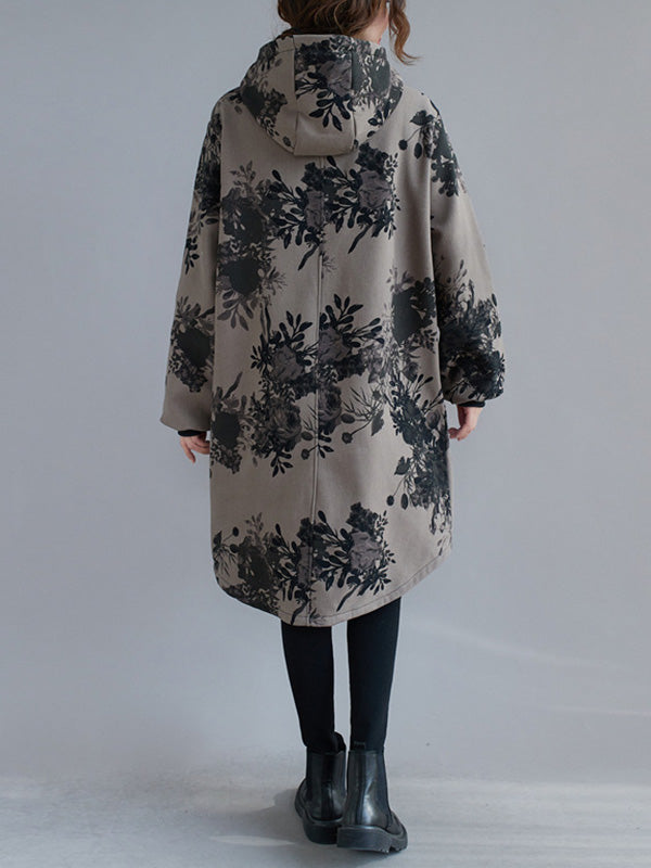 Grijs damesjack met capuchon en donkere bloemenprint