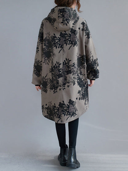 Grijs damesjack met capuchon en donkere bloemenprint