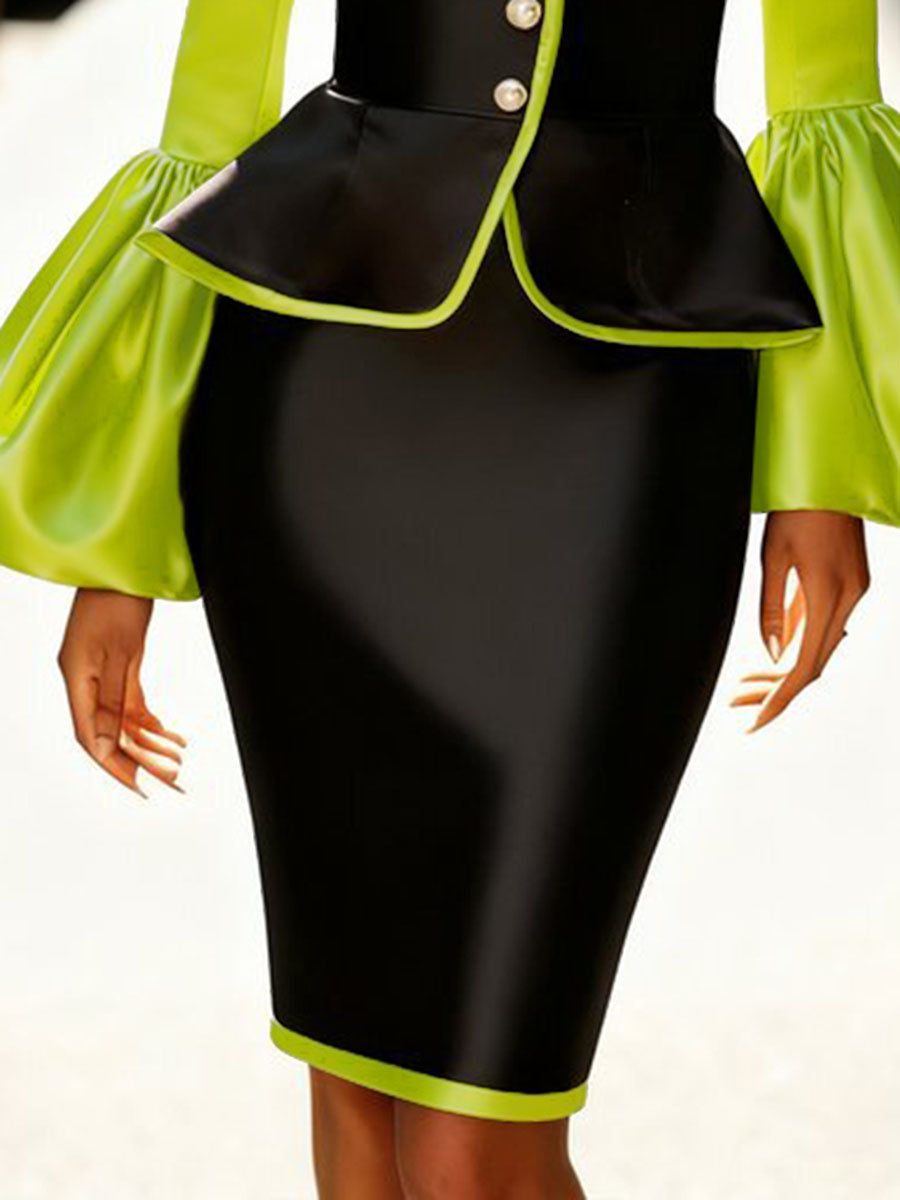 Limegroen damesjack met zwarte peplum, diepe V-hals en wijde mouwen
