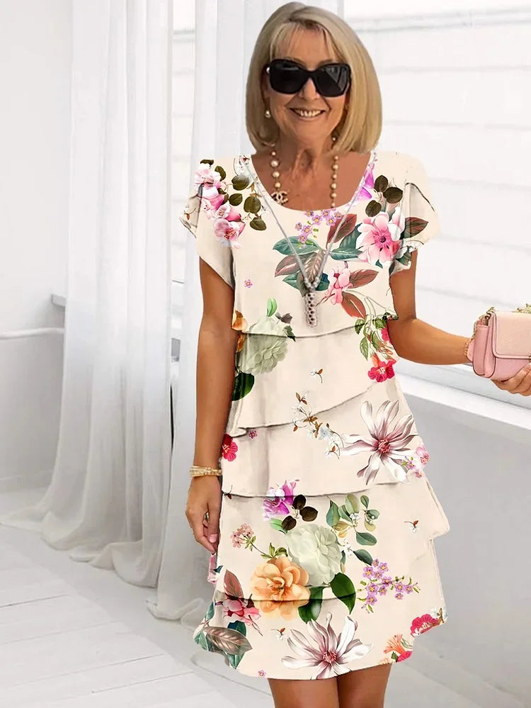 Mia jurk beige - romantische bloemenprint jurk dames gardenparty