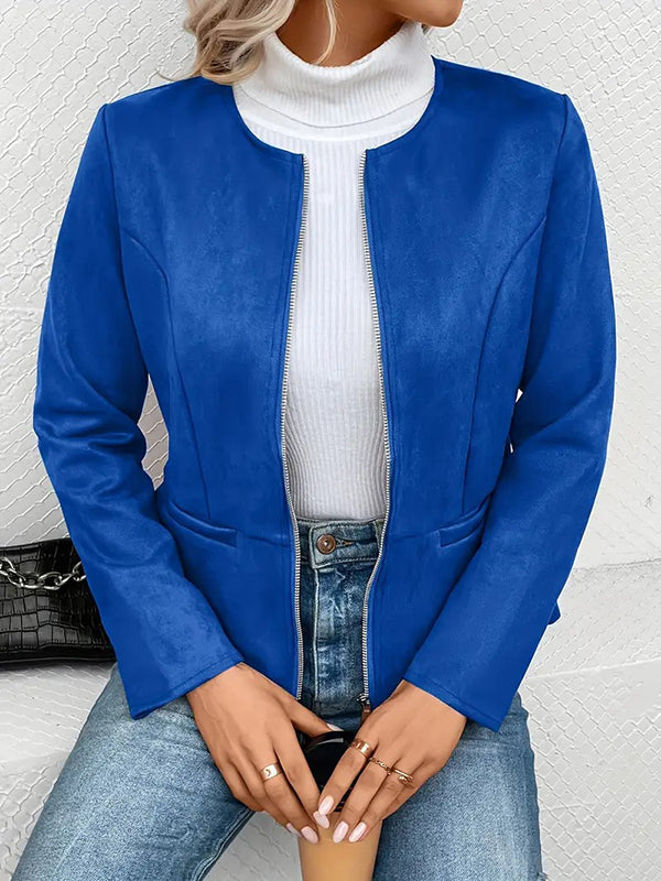 Kraagloos jack dames in suèdelook met rits en paspelzakken - blauw