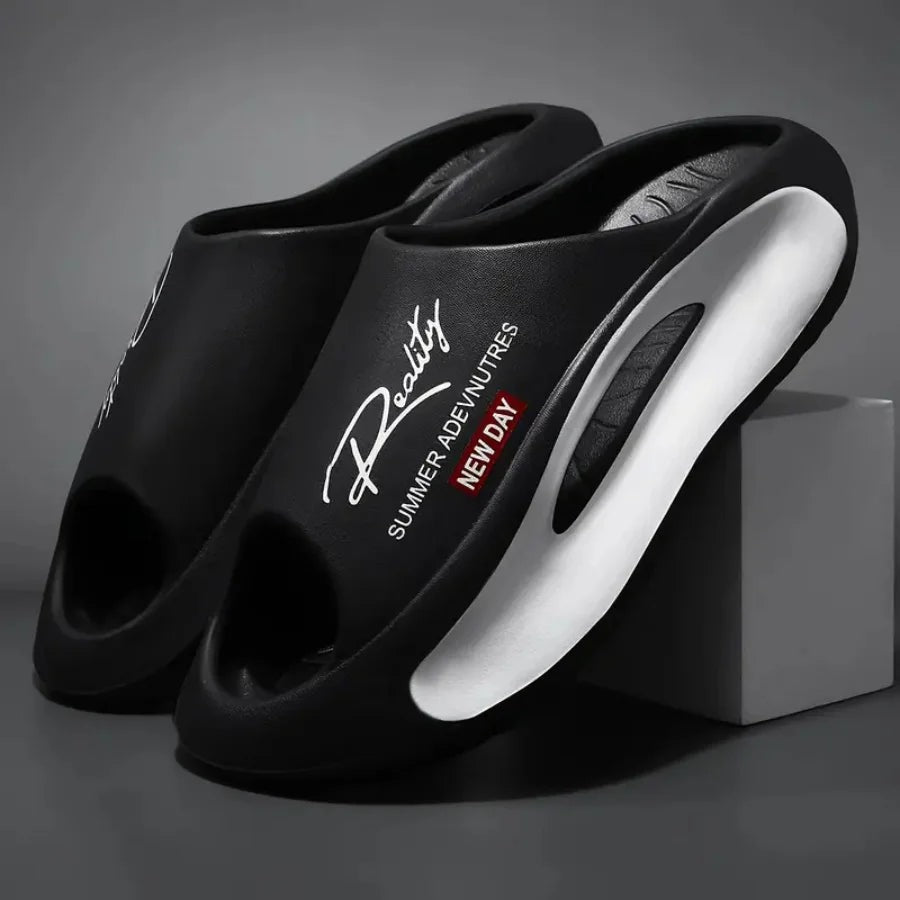 Badslippers van EVA met golvend voetbed in contrastkleur en dikke zool - zwart / wit
