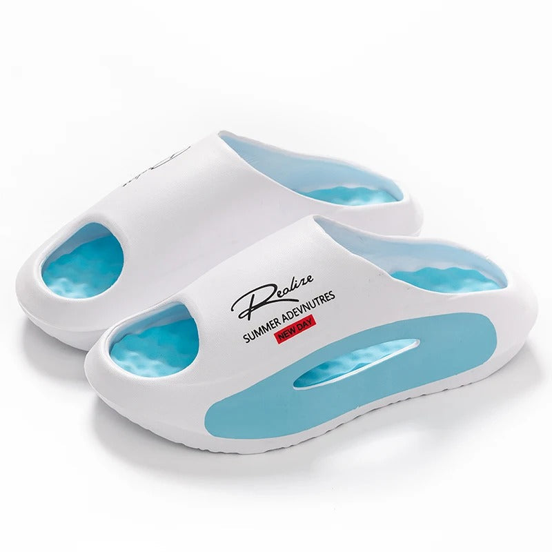 Badslippers van EVA met golvend voetbed in contrastkleur en dikke zool - wit / lichtblauw