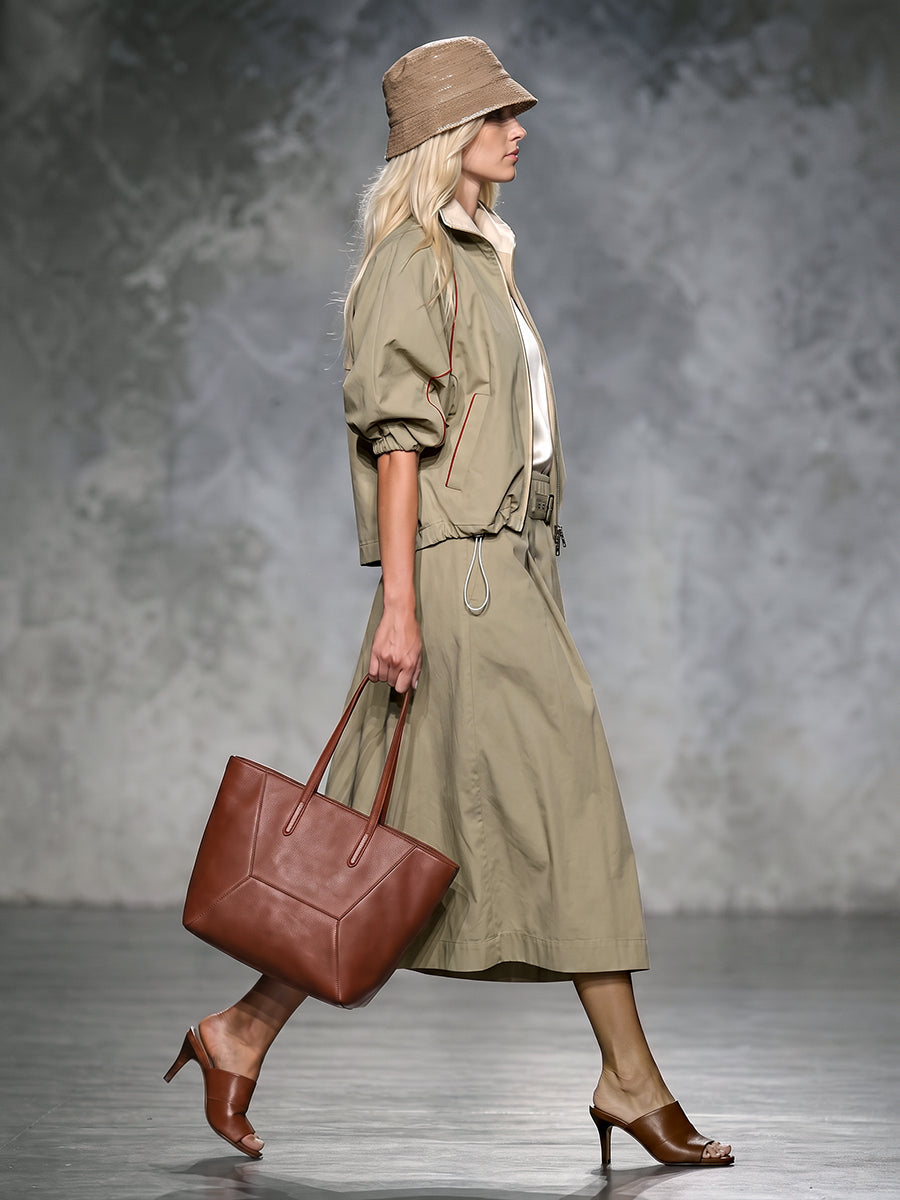 Khaki jack dames met roestkleurige bies en pofmouwen