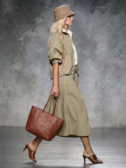 Khaki jack dames met roestkleurige bies en pofmouwen