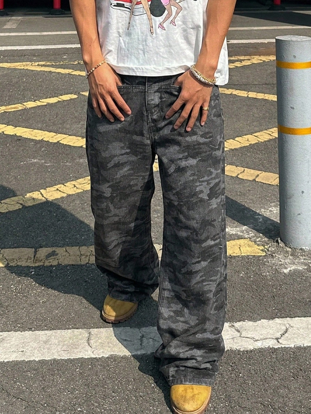 Baggy camouflage broek voor heren van denim met wijde rechte pijp en vijf zakken - beeld 10