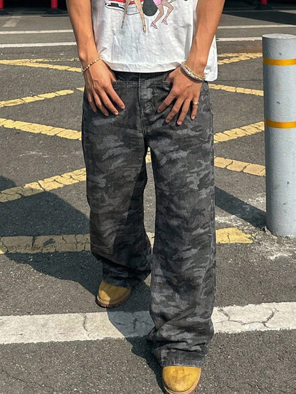 Baggy camouflage broek voor heren van denim met wijde rechte pijp en vijf zakken - beeld 10