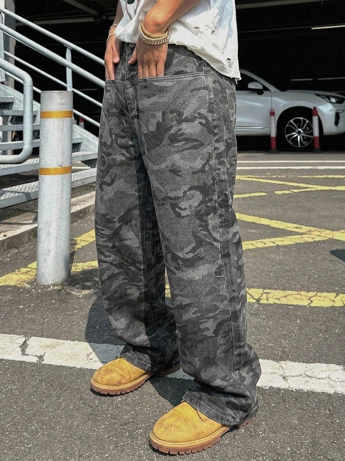 Baggy camouflage broek voor heren van denim met wijde rechte pijp en vijf zakken - grijze camo