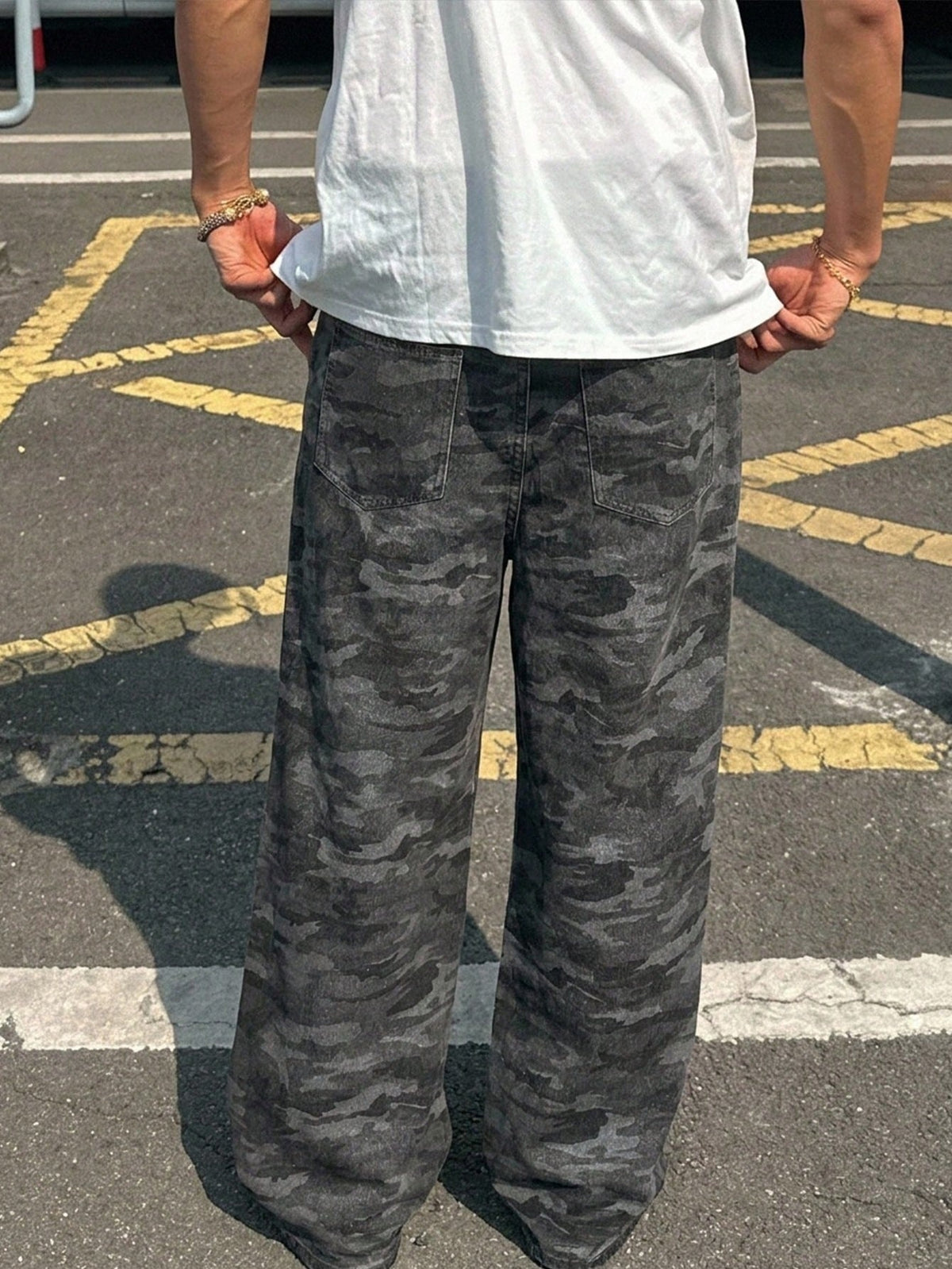 Baggy camouflage broek voor heren van denim met wijde rechte pijp en vijf zakken - donkergrijze camo