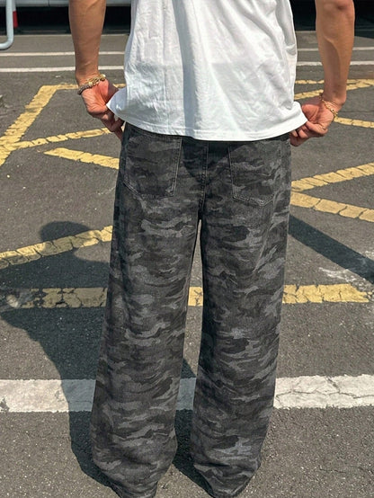 Baggy camouflage broek voor heren van denim met wijde rechte pijp en vijf zakken - donkergrijze camo