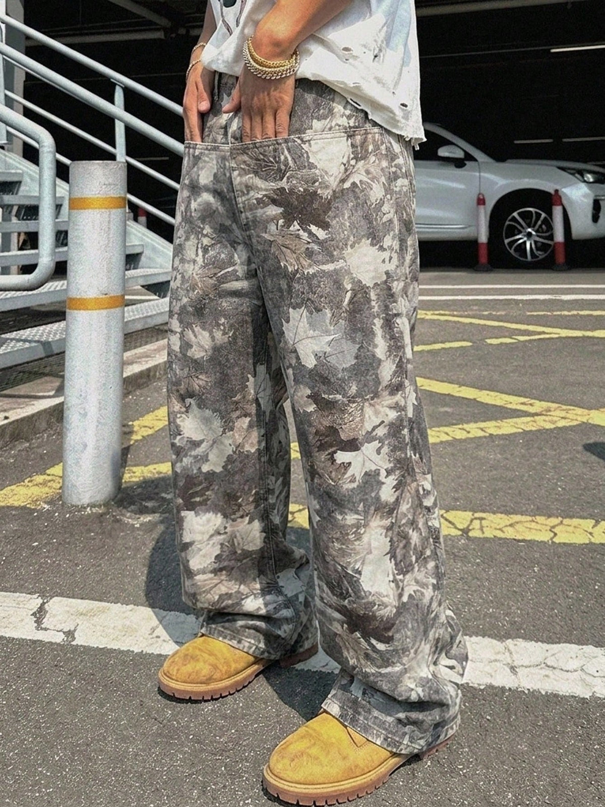Baggy camouflage broek voor heren van denim met wijde rechte pijp en vijf zakken - sneeuwcamo