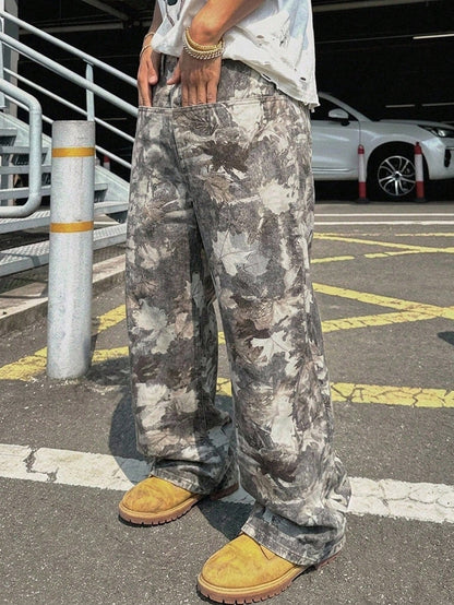 Baggy camouflage broek voor heren van denim met wijde rechte pijp en vijf zakken - sneeuwcamo
