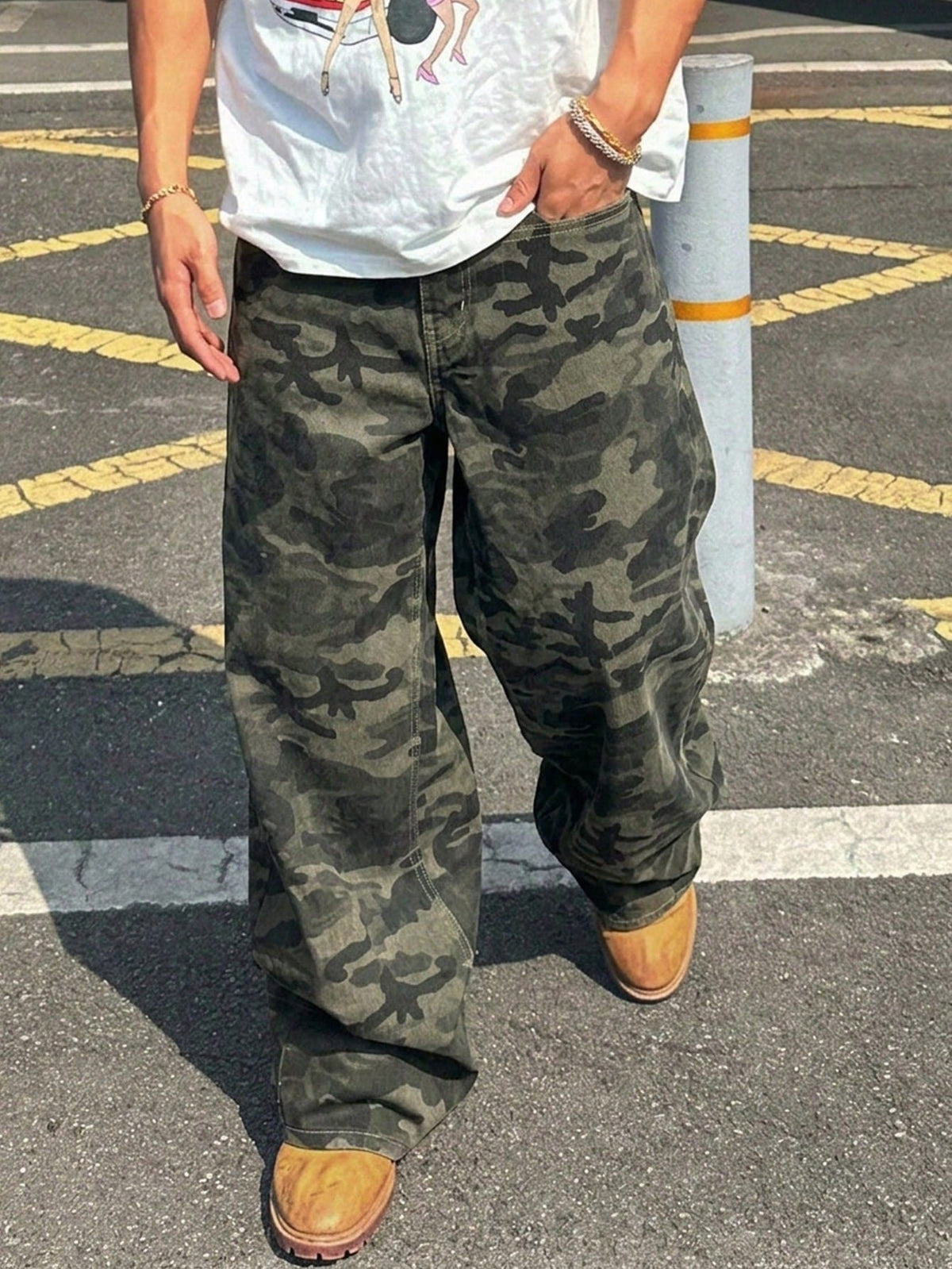 Baggy camouflage broek voor heren van denim met wijde rechte pijp en vijf zakken - beeld 5