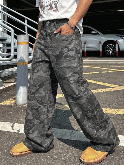 Baggy camouflage broek voor heren van denim met wijde rechte pijp en vijf zakken - beeld 9