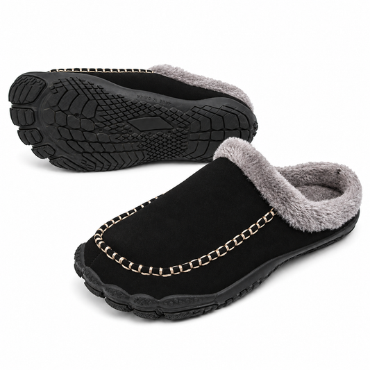 Barefoot herenpantoffels met fleecekraag en mocassinsteek in contrastkleur - zwart