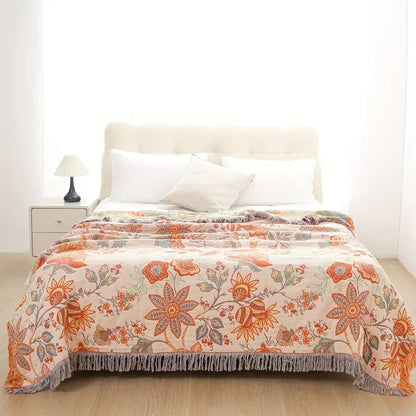 Dubbelzijdige bedsprei met bloemenpatroon en franjes - 200 x 230 cm
