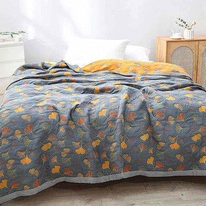 Dubbelzijdige bedsprei met ginkgobladeren en brede bies