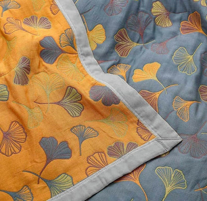 Dubbelzijdige bedsprei met ginkgobladeren en brede bies - beeld 5