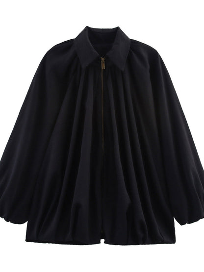 Cape jack dames met plooien, rits en puntkraag - zwart