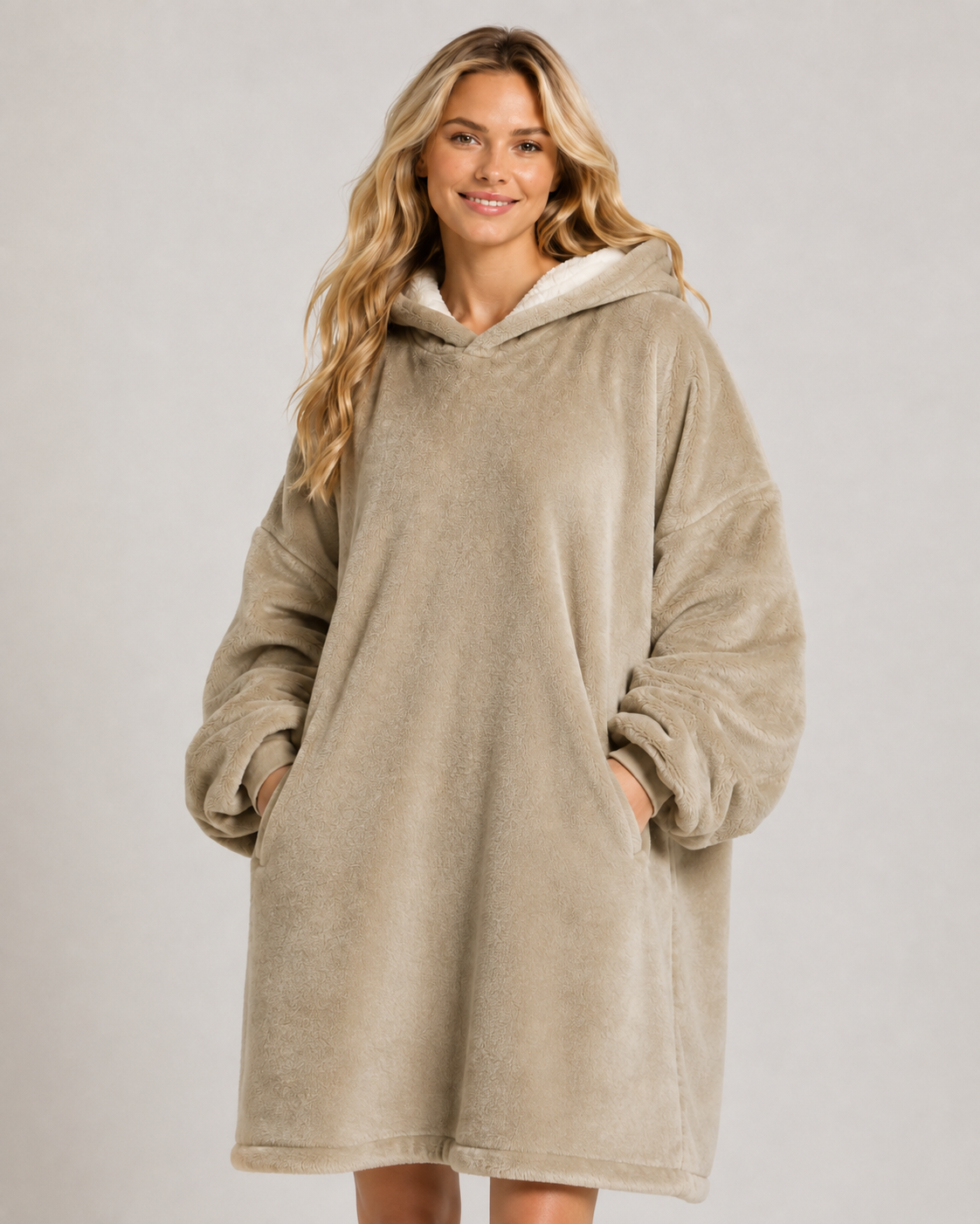 Oversized beige hoodie deken met lichter gevoerde capuchon