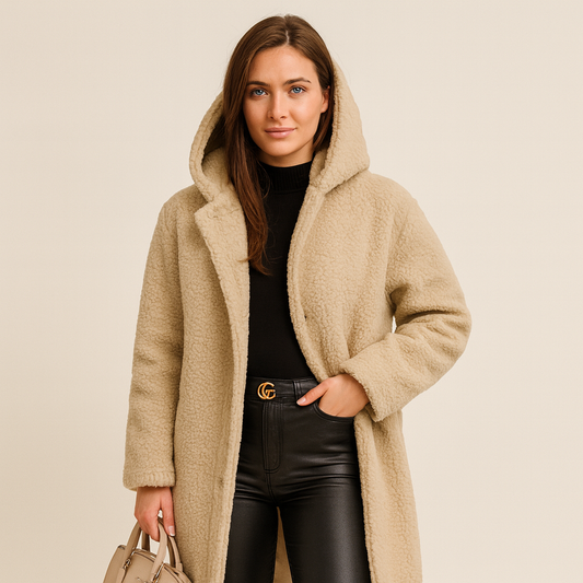 Lange Teddy Mantel met Capuchon — Zacht teddy-materiaal voor warmte en comfort