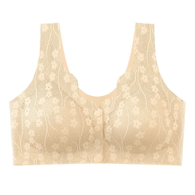 Beugelloze beha met voorsluiting met knoopjes en bloemenkant - beige