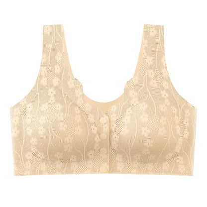 Beugelloze beha met voorsluiting met knoopjes en bloemenkant - beige