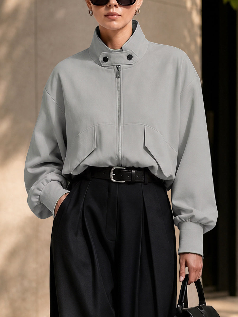 Oversized grijs damesjack met hoge opstaande kraag en rits