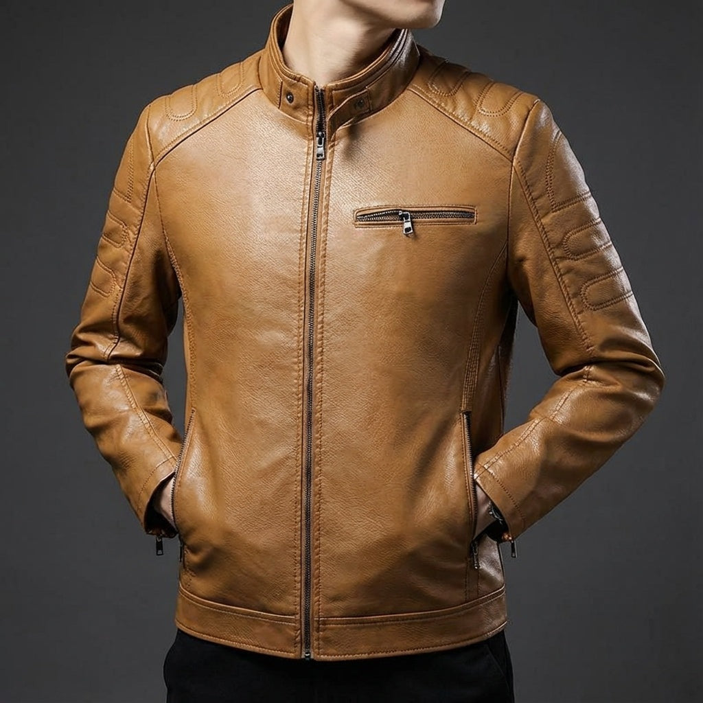Bikerjack voor heren in leerlook met opstaande kraag en doorgestikte schouders - cognac