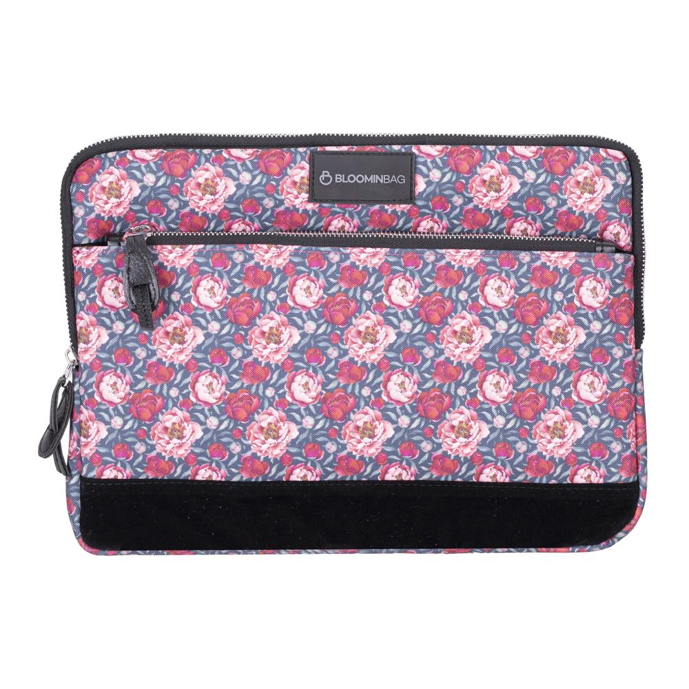 Laptophoes 14 inch met roze en rode bloemenprint en zwart ritsvak aan de voorzijde