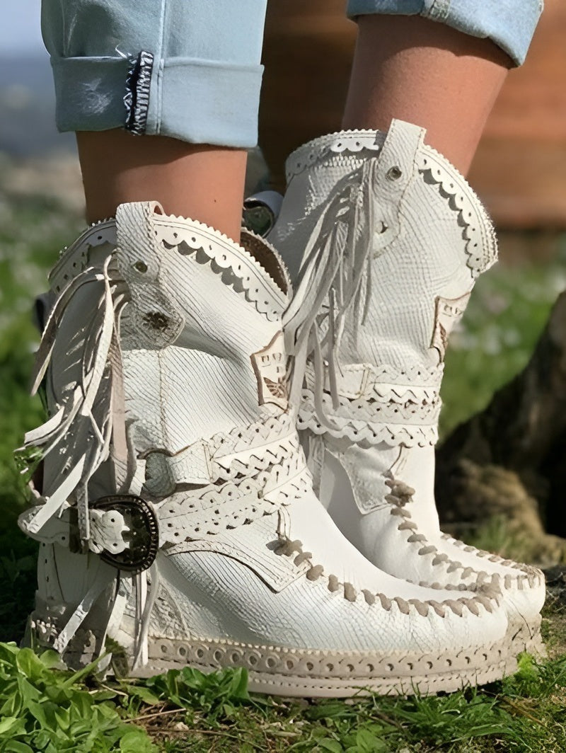 Boho dameslaarsjes in suède look met franjes en gevlochten band - beeld 2