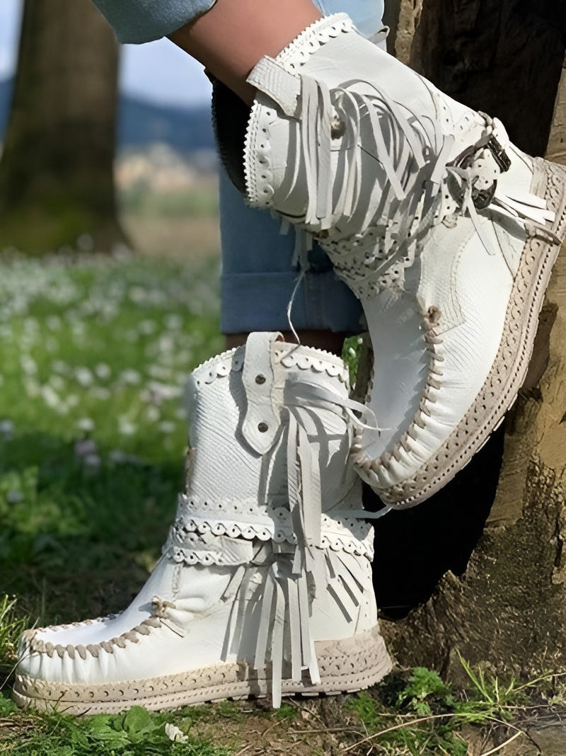 Boho dameslaarsjes in suède look met franjes en gevlochten band - beeld 3