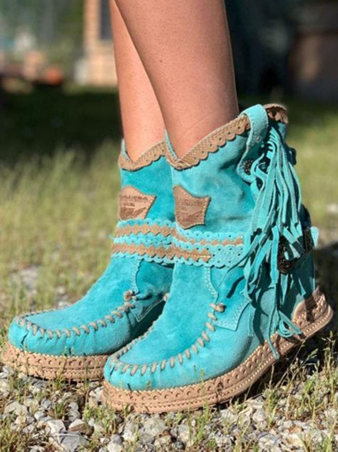 Boho dameslaarsjes in suède look met franjes en gevlochten band - turquoise