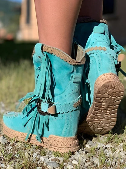 Boho dameslaarsjes in suède look met franjes en gevlochten band - beeld 6