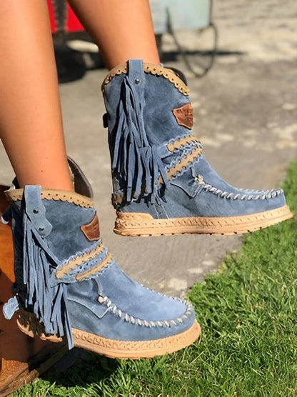Boho dameslaarsjes in suède look met franjes en gevlochten band - jeansblauw