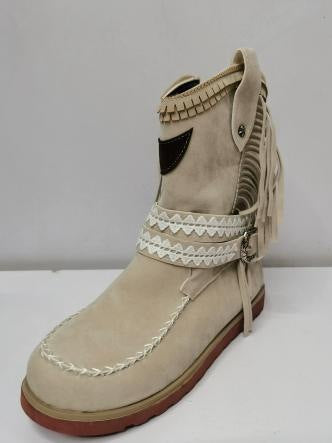 Boho dameslaarsjes in suède look met franjes en gevlochten band - beige
