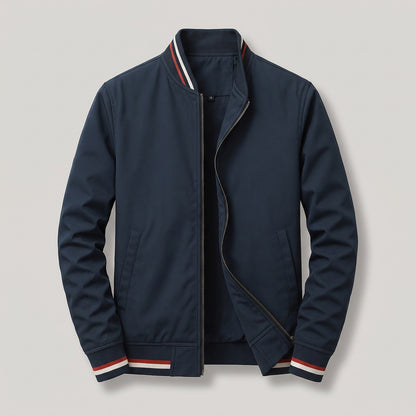 Bomberjack voor heren met gestreepte ribboorden en rits - marineblauw