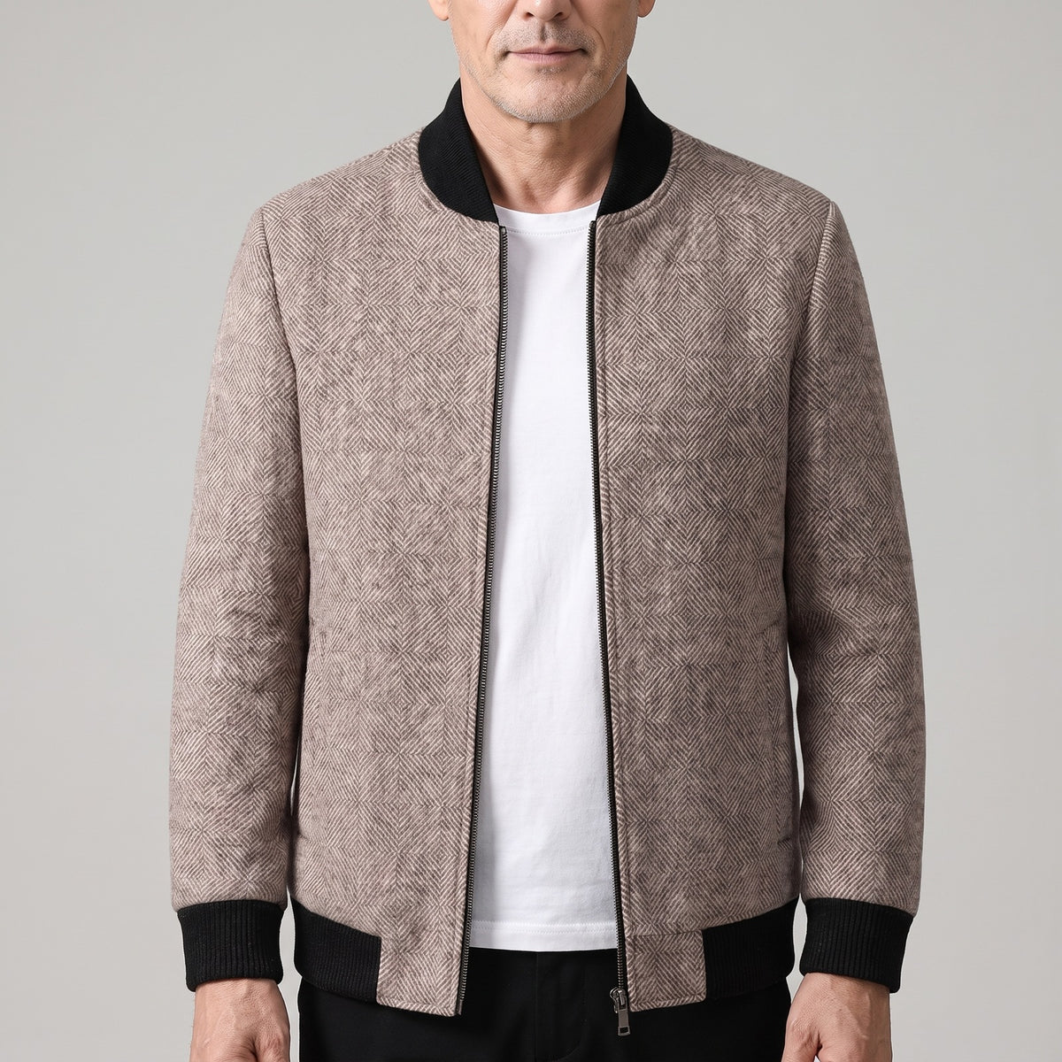 Bomberjack voor heren in wollook met diamantmotief - camel