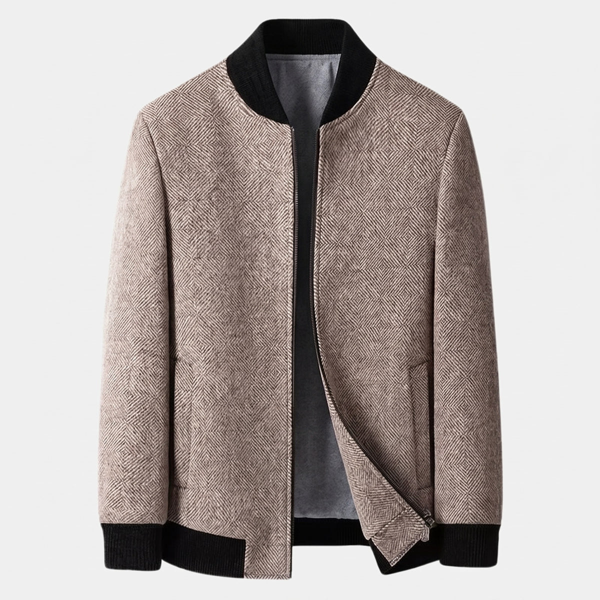 Bomberjack voor heren in wollook met diamantmotief - camel