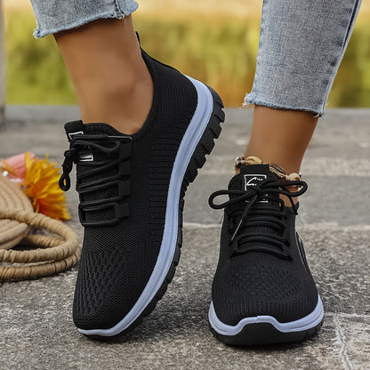 Brede damessneakers van ademend gebreid mesh met dempende zool - zwart