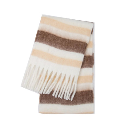 Dikke gestreepte damessjaal met brede dwarsstrepen en dikke franjes - beige/bruin