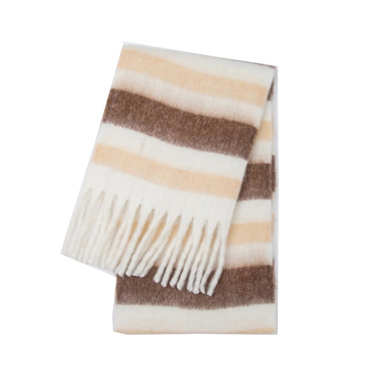 Dikke gestreepte damessjaal met brede dwarsstrepen en dikke franjes - beige/bruin