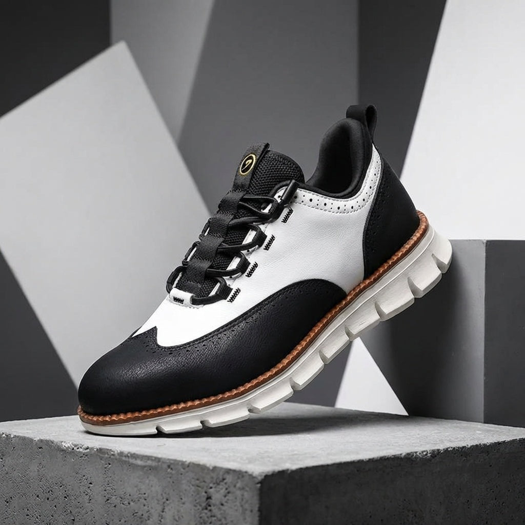 Brogue herensneakers in gladde leerlook met elastische veters door lusjes en profielzool - beeld 8