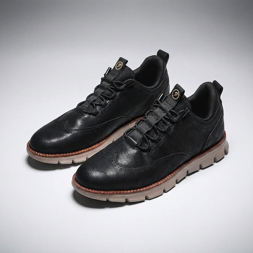 Brogue herensneakers in gladde leerlook met elastische veters door lusjes en profielzool - beeld 9