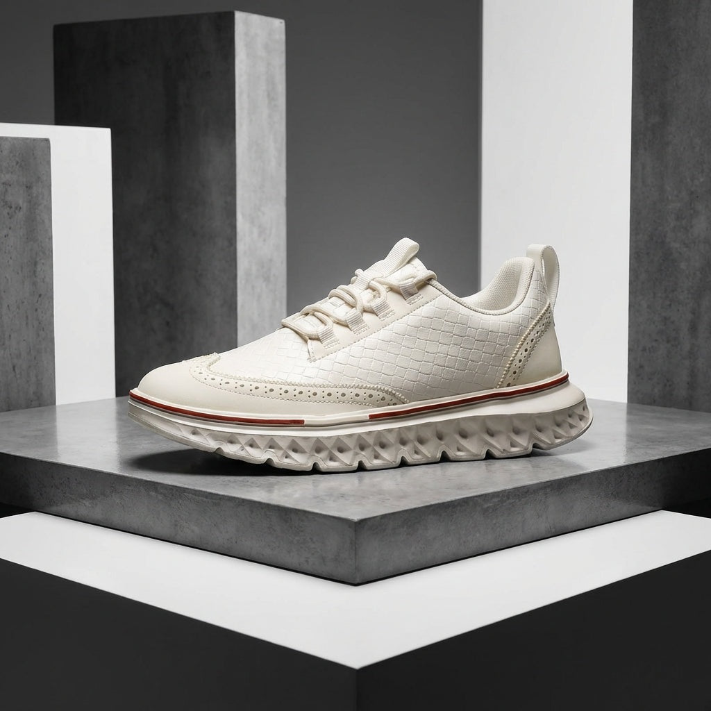 Brogue herensneakers in leerlook met geperst vlechtmotief en diep ingesneden profielzool - crème