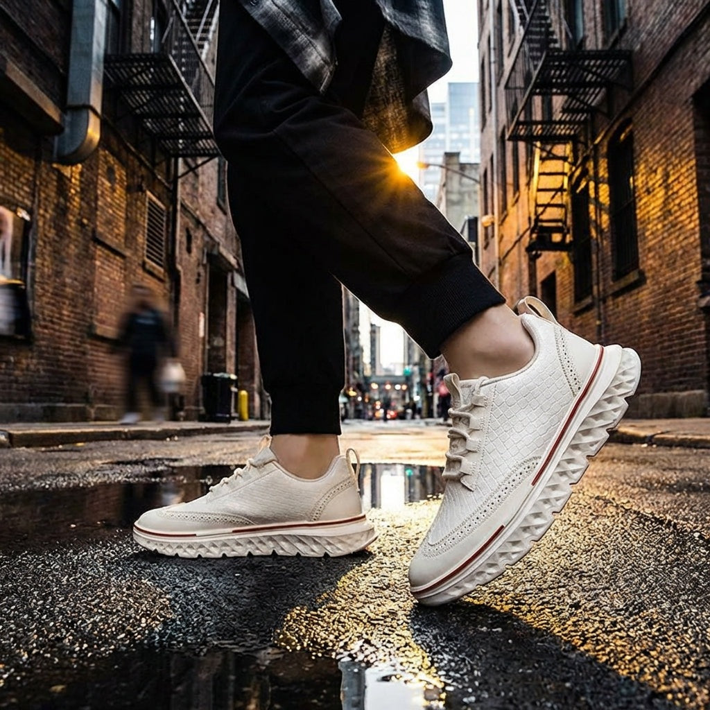 Brogue herensneakers in leerlook met geperst vlechtmotief en diep ingesneden profielzool - beeld 9